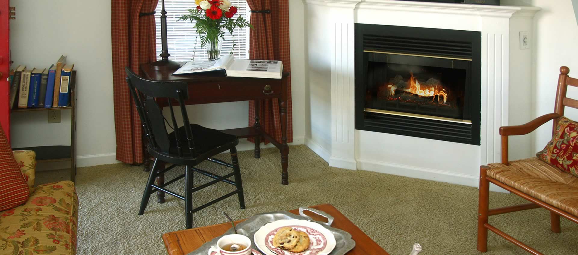 North Room living room, fireplace and desk